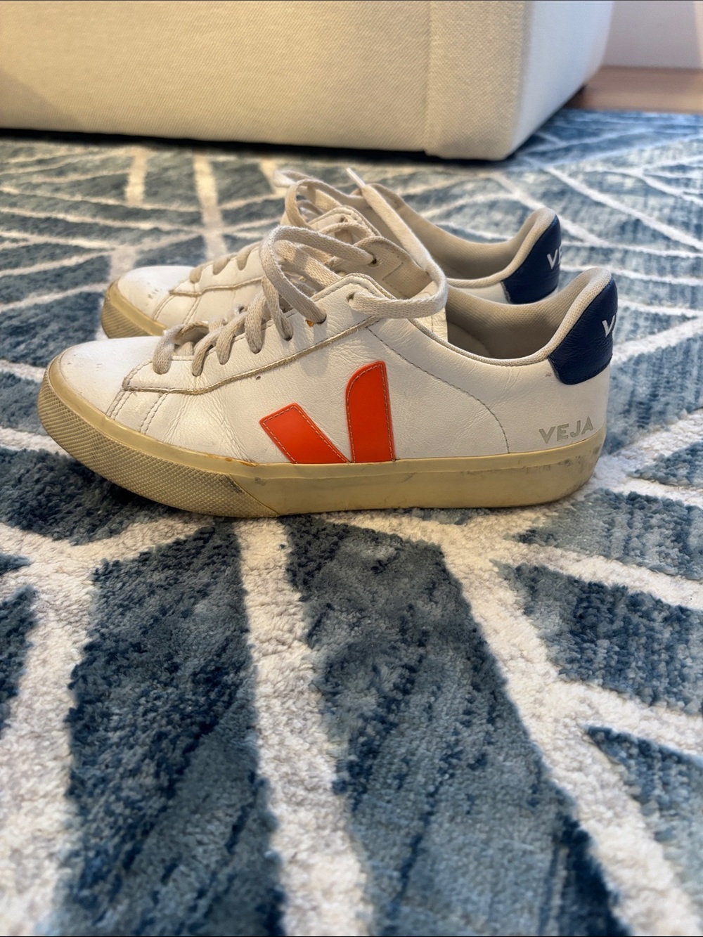 Women’s Veja White Leather Sneakers with Orange V and Navy Heel- size 8